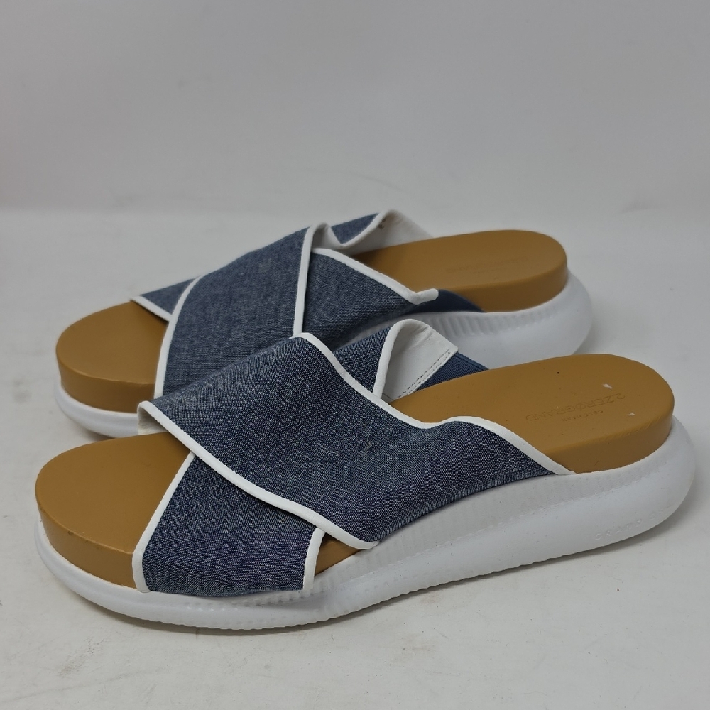Cole Haan Denim-Style Blue Crisscross Slide Sandals with White Trim Size 7